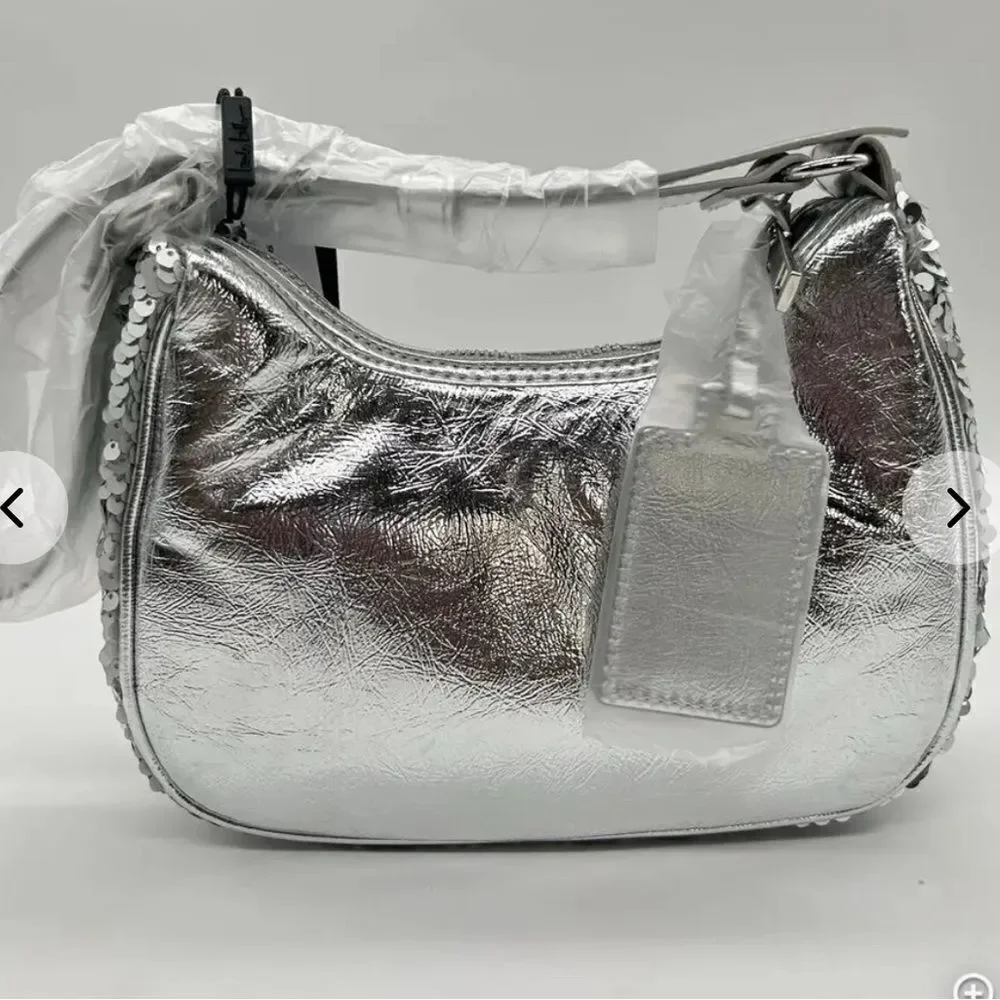 NWT Nicole Miller Silver Sequin Vegan Leather Small HOBO Shoulder Purse Handbag